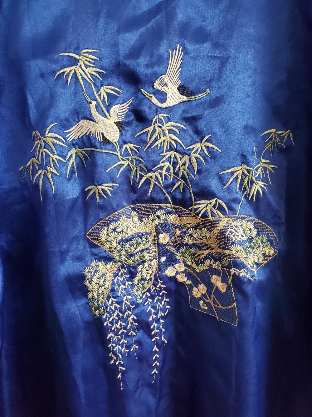 Vintage MEI GUI 100% Pure Silk Kimono Robe Embroidered Blue XXL Plus Size